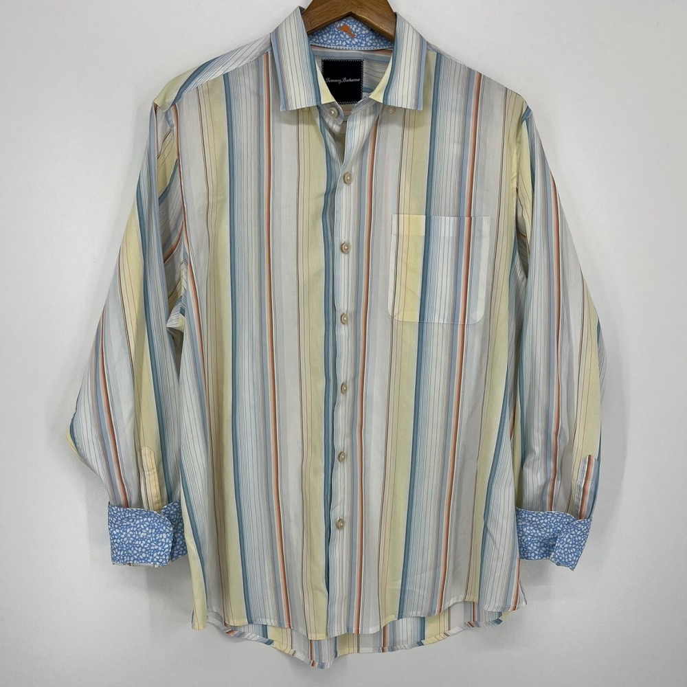 Tommy Bahama Mens M Striped Button Down Shirt 100% Pima Cotton Blue Yellow